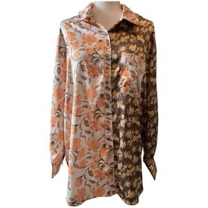 Entro Colorful Long Sleeve Floral Satin Oversized Blouse size large